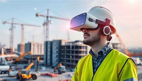 Construction worker wearing vr headset visualizing a future building ...