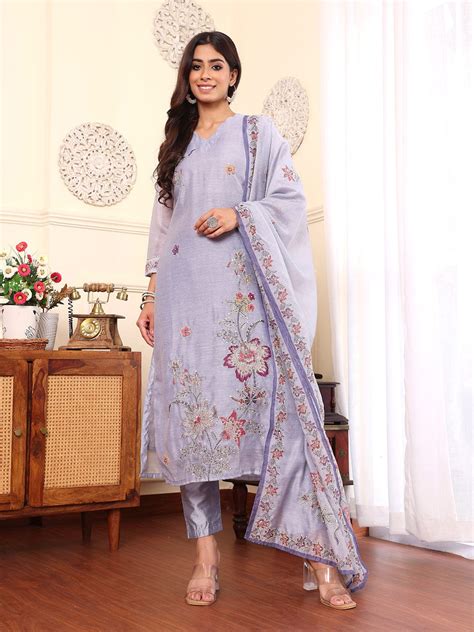 Varanga Women Silk Kantha Hand Embroidered Kurta Set with Embroidered ...