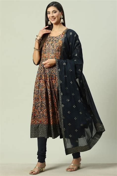 Black Cotton Anarkali Kurta Churidar Suit Set at Biba India