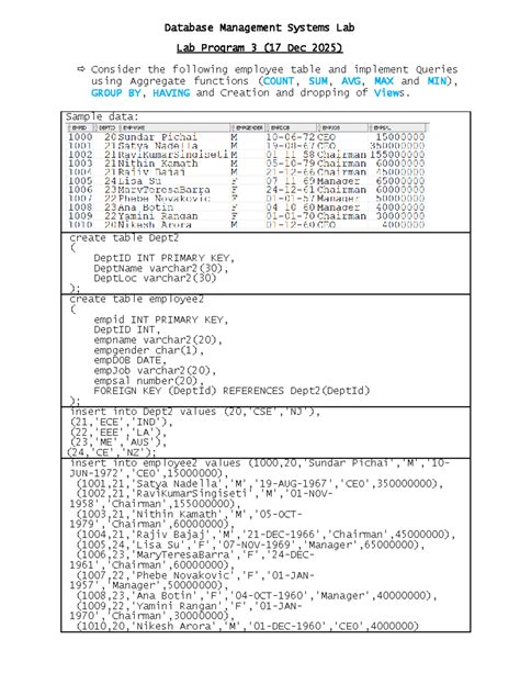 DBMS Lab 3: Aggregate Functions & Views Implementation - Studocu