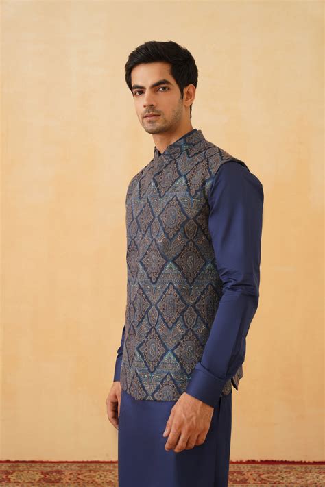Blue Embroidered Nehru Jacket with Kurta & Pant - Paisley Design