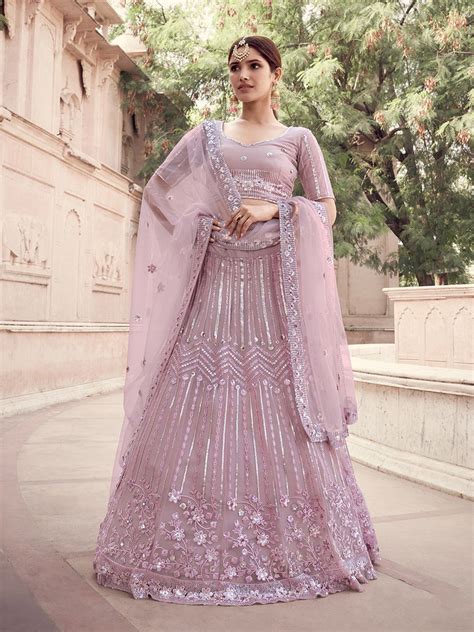 Impressive Lilac Soft Net Semi Stitched Lehenga With Unstitc