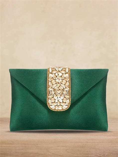 Bling Stone Envelope Green Clutch Bag for Parties & Wedding | Peora