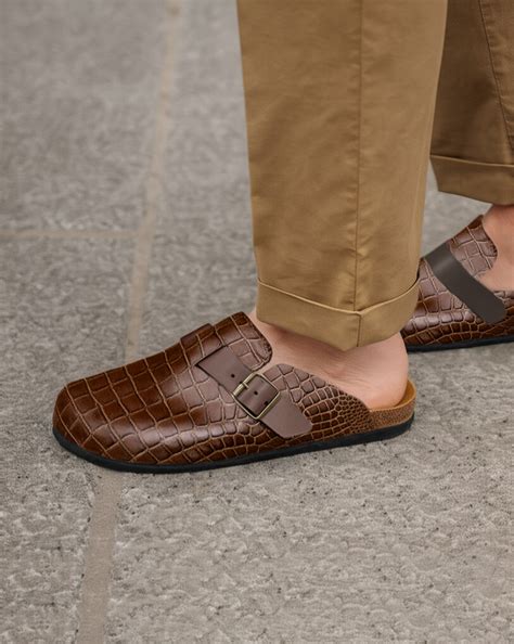 Brown Croc Print Leather Pedestal Platforms Clogs - Summer 2024 Collec ...