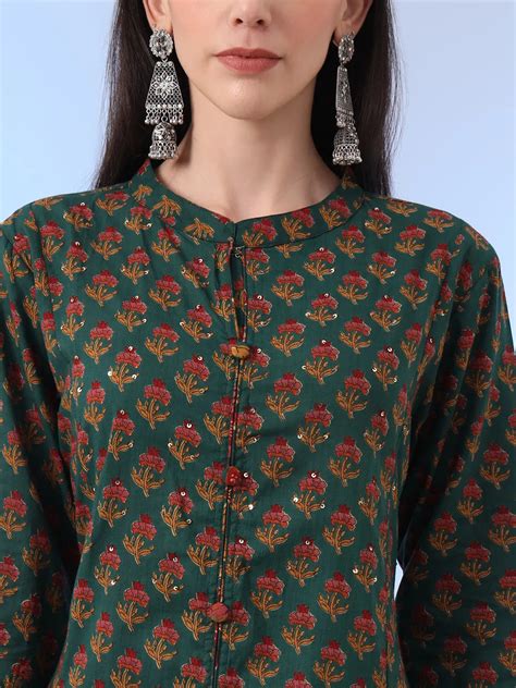 Green Floral A-Line Sequins Work Kurta And Trouser With Dupatta Set ...