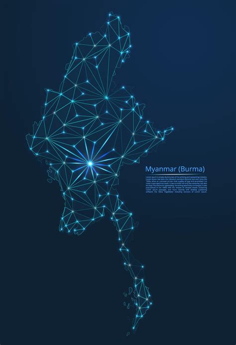 Map of Myanmar, Burma connection. low-poly image of a global map with lights in the form of ...