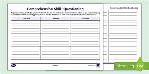 Questioning Comprehension Skill Recording Worksheet - Twinkl