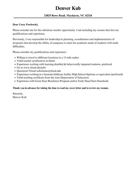 Substitute Teacher Cover Letter | Velvet Jobs
