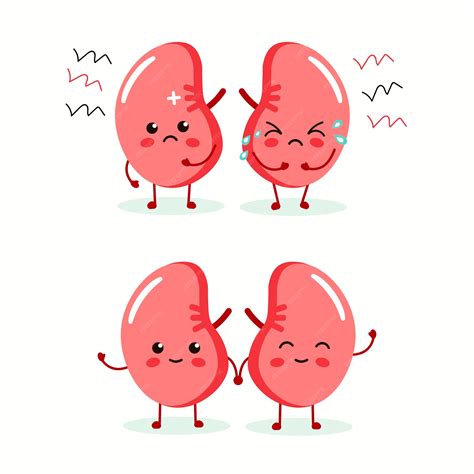 Premium Vector | Sad suffering sick cute and healthy happy smiling kidneys character flat ...