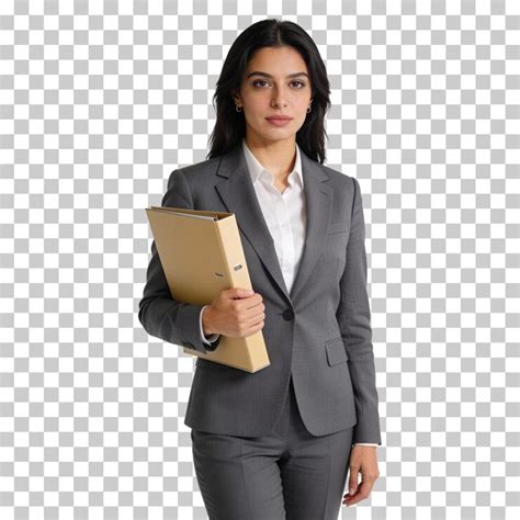 Professional woman in business suit holding a folder on a transparent ...