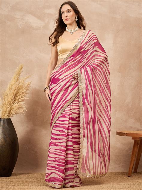 Multi Pure Chiffon Stripped with Gota Lace Saree with Unstitched Blous ...