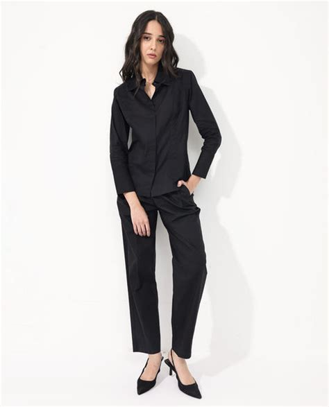 Rareism Women Arthur Black Cotton Fabric Collared Neck Solid Regular F