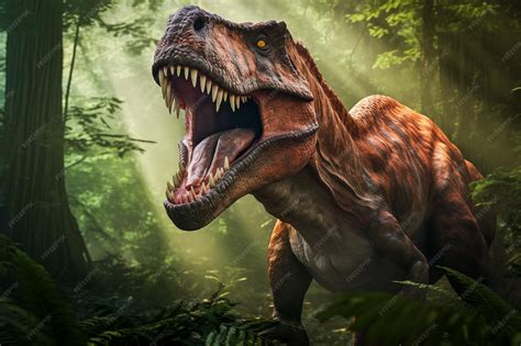 El tiranosaurio rex rugiendo en un bosque prehistórico con exuberante ...
