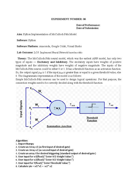ML 6 - Python Implementation of McCulloch-Pitts Neural Model - Studocu