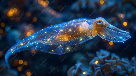 Bioluminescent firefly squid in deep ocean night scene | Premium AI ...