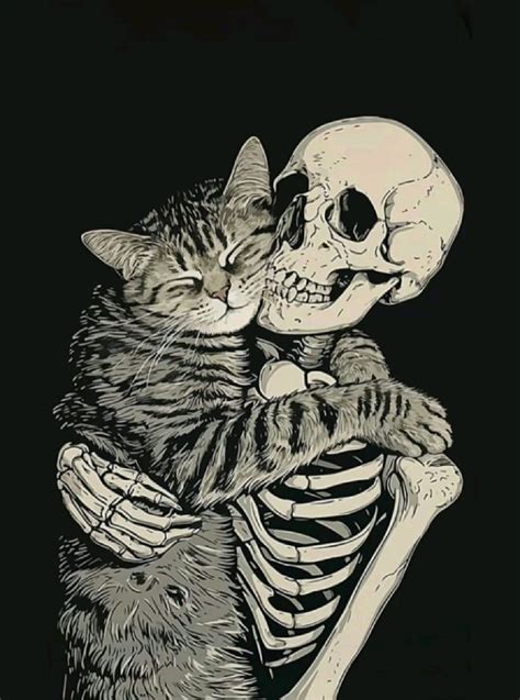 Cat Hugging Skeleton Drawing