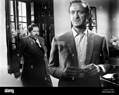 James Robertson Justice, David Niven, on-set of the British Film, "Guns of Darkness", Warner ...
