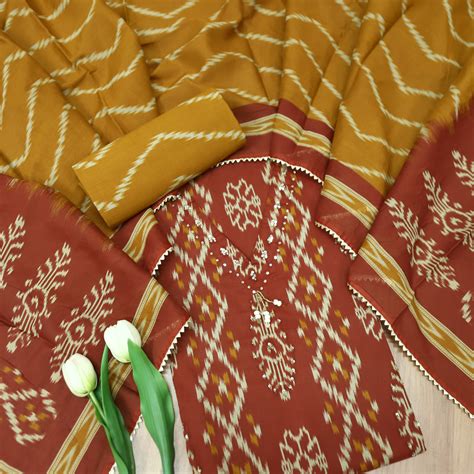 Maya Barn Rust Red V Hanging Neck with Ikkat Printed Cotton Suit Set ...