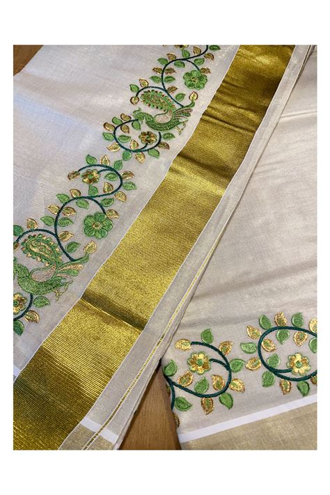 Kerala Tissue Kasavu Saree with Green Peacock Embroidery Design ...