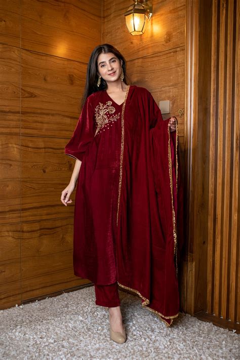 Buy Online In India | Maroon Velvet Hand Work Kurta Set | Label Shaurya ...