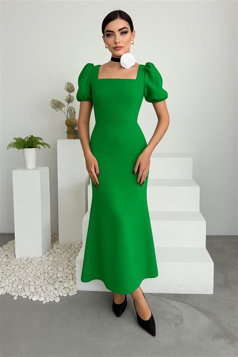 Light Green Square Neck Puff Sleeve Crepe Dress - Deafox | ElbiseBul