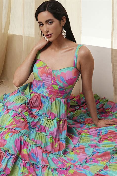 Buy Turquoise Cotton Floral Printed Tiered Dress Online at Biba India