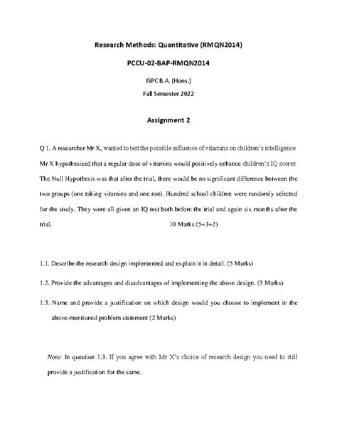 Assignment 2: RM - Research Methods: Quantitative (RMQN2014) PCCU-02 ...
