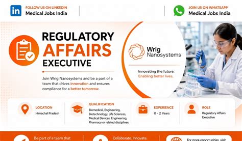 Regulatory Affairs Executive Job at Wrig Nanosystems | Freshers Eligible