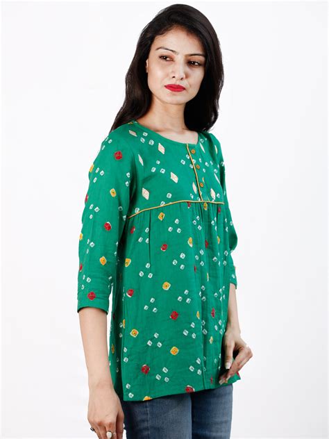 Parrot Green Bandhani Glace Cotton Top With Gotta - T58FXXX – InduBindu