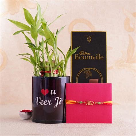 Send Bro Rakhi with Bournville N Lucky Bamboo Plant in Mug Online