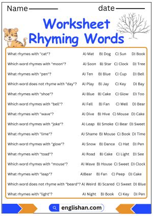 Rhyming Words Worksheet and Exercises with Answers in English • Englishan