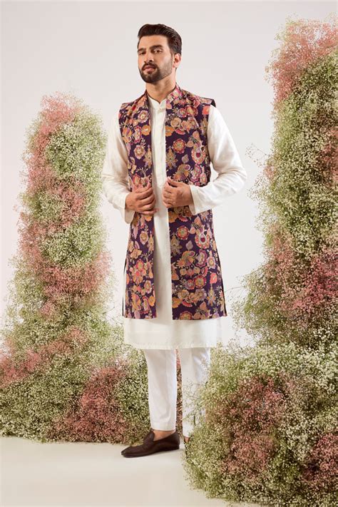 purple floral long open jacket with intricate zari and sequin work