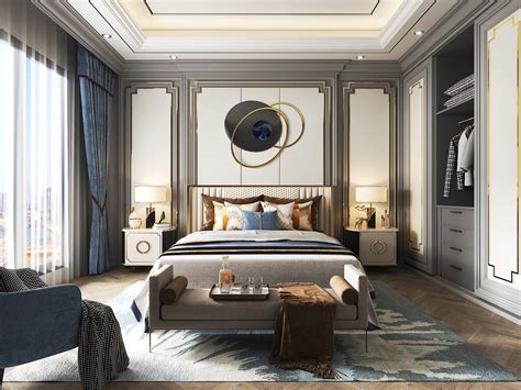 美式轻奢卧室，双人床组合，衣柜，床头背景，窗帘，休闲椅-室内设计-拓者设计吧