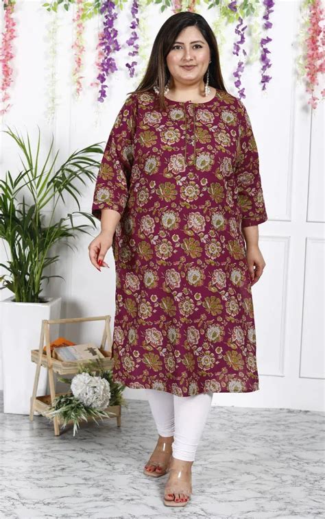 Buy Maroon Cotton Kurta - Plus Size Floral Printed Straight Kurta ...