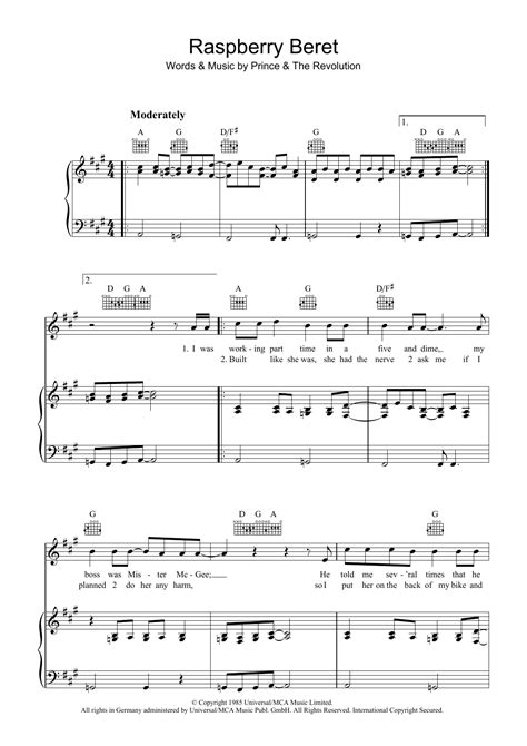 Prince "Raspberry Beret" Sheet Music for Guitar Chords/Lyrics ...