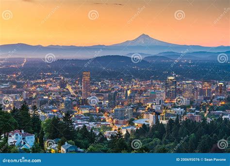 Portland, Oregon, USA Skyline at Dusk with Mt. Hood Stock Photo - Image ...