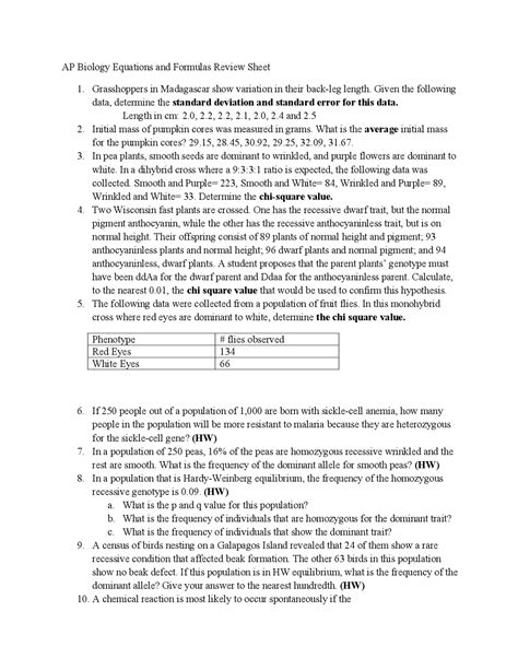 AP Biology Equations and Formulas Review Sheet 1 ... | Study notes ...