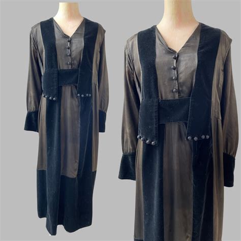 Antique Edwardian Brown Satin + Black Velvet Floor Length Dress Vintage ...