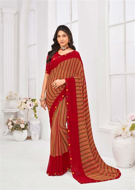 Laxmipati Dil Khushal Geometric Printed Georgette Saree in Red Color w
