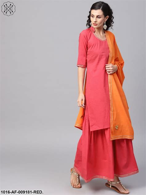 Solid Red Kurta Set With Sharara & Contrasting Dupatta – Trendphoria