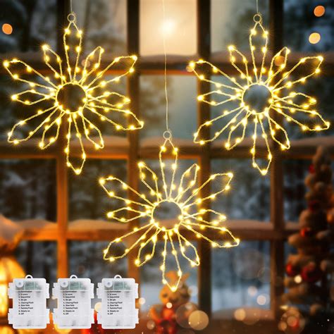 Quntis Christmas Snowflakes Window Lights Battery Operated, 3 Pack 240 LEDs Snowflake Curtain ...