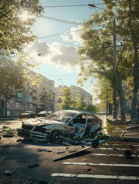 A car after an accident on the road A damaged crashed car A road ...