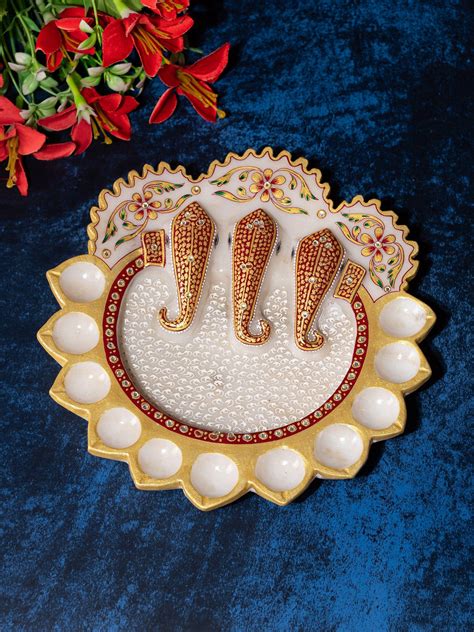 Marble Puja Thali Tray with Elephant Design | Shop Now