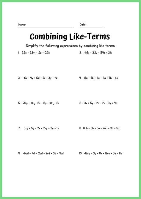 30+ Combining Like Terms Worksheet Samples to Download
