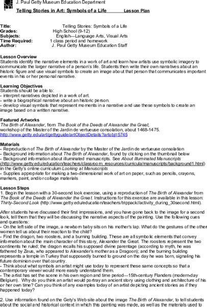 Telling Stories in Art: Symbols of a Life Lesson Plan for 9th - Higher ...