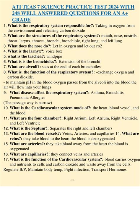 ATI TEAS 7 SCIENCE PRACTICE TEST 2024 WITH 248 WELL ANSWERED QUESTIONS ...