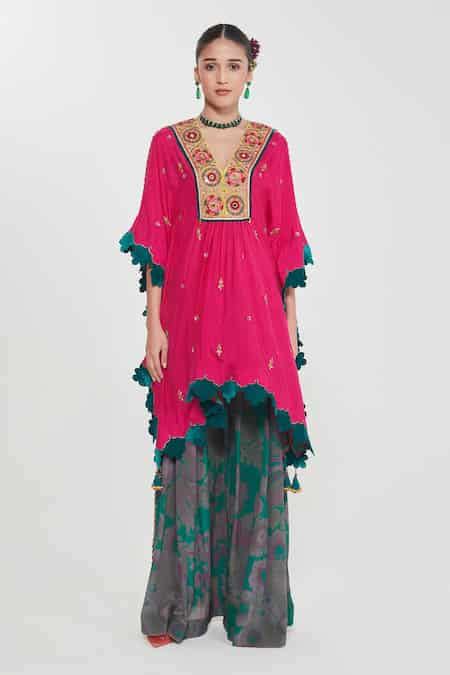 Buy Pink Kaftan Habutai Silk Embroidery Mirror Plunge V Neck Rani And ...