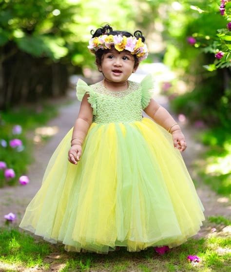 Green and Yellow Birthday Gown for Baby Girl | Nakshatra Kids ...