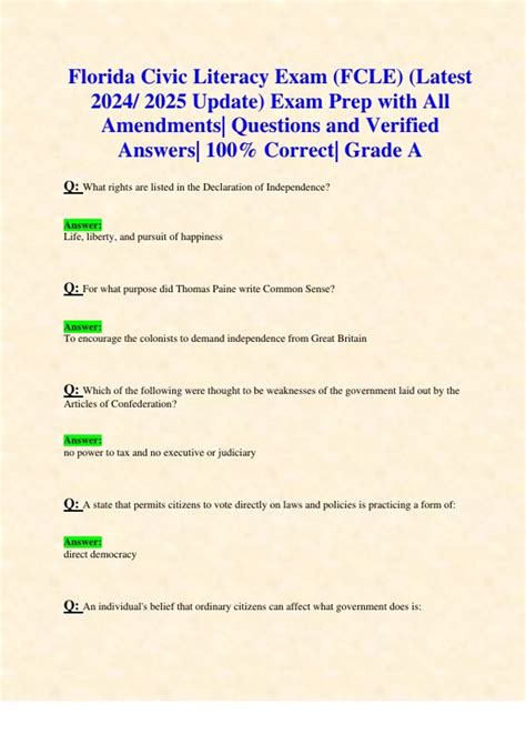 Florida Civic Literacy Exams (FCLE) (Latest 2024/ 2025 Updates STUDY ...