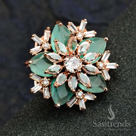 Trendy Party Wear Rose Gold Plated Floral Ring with American Diamonds ...